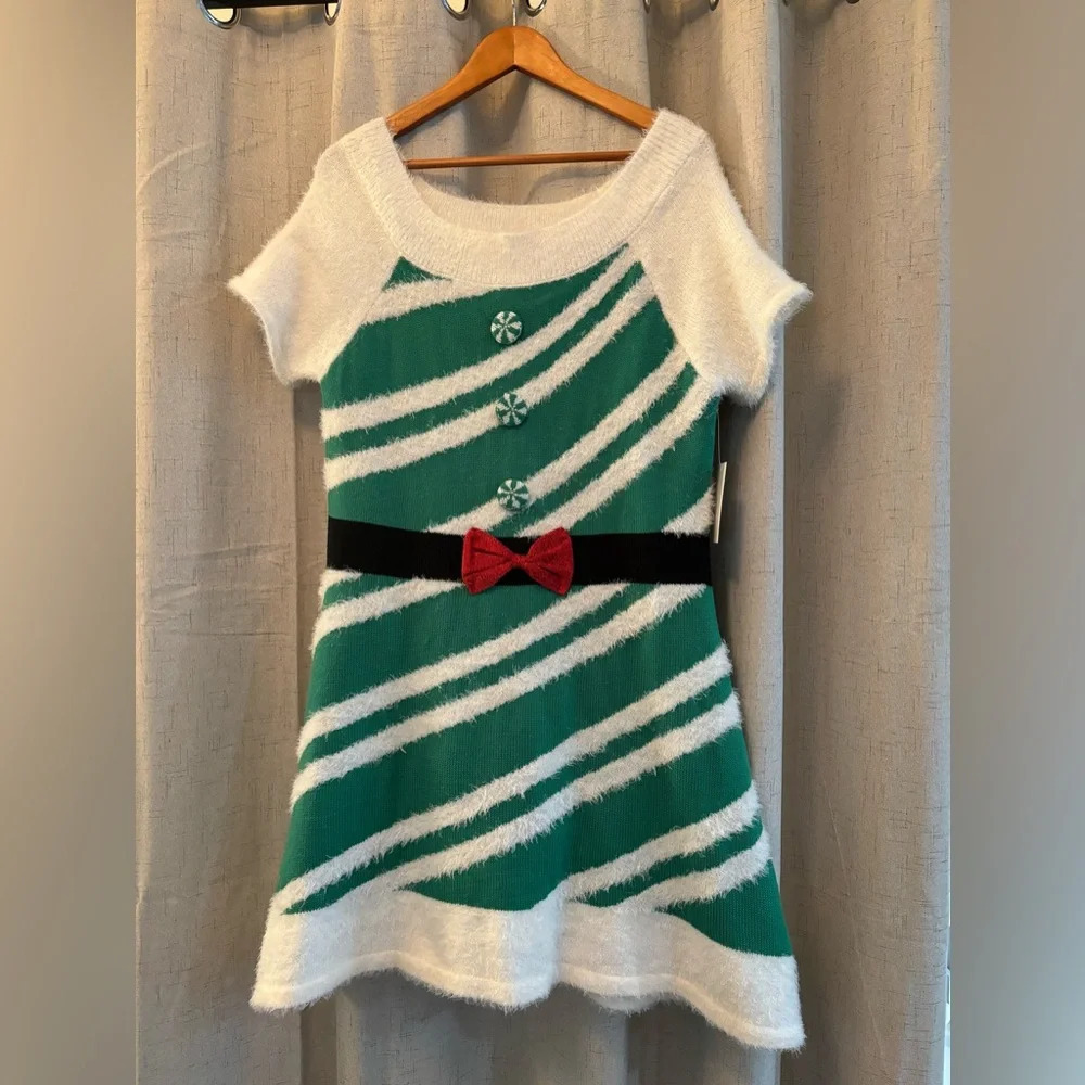 33‎ Degrees Elf Sweater Dress size L. Green and White Stripes with Red Bow